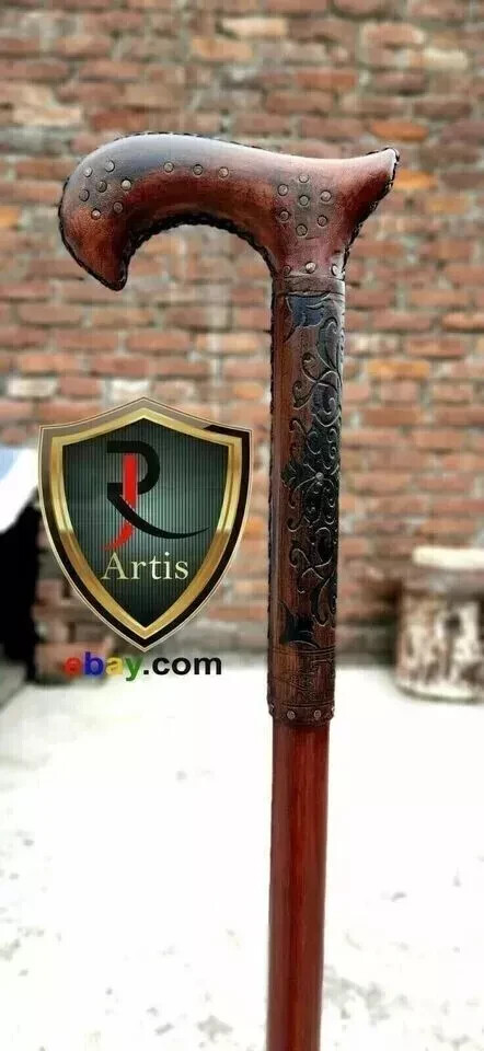 Elegant Looking Comfortable Handle Half Leather Carved Cane Designer Gift