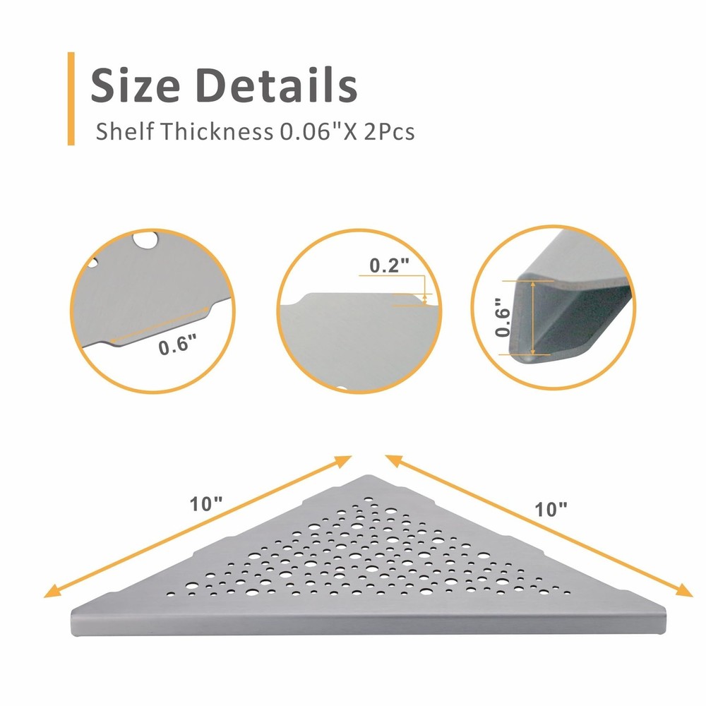 Brushed Nickel 10'’ Corner Shower Shelf Bathroom Shelves 2 Pack Triangular