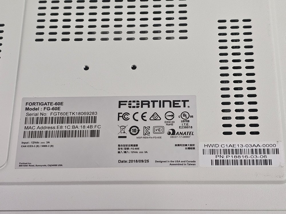 Fortinet Fortigate-60E Network Security Firewall Initialized FG-60E w/Adapter