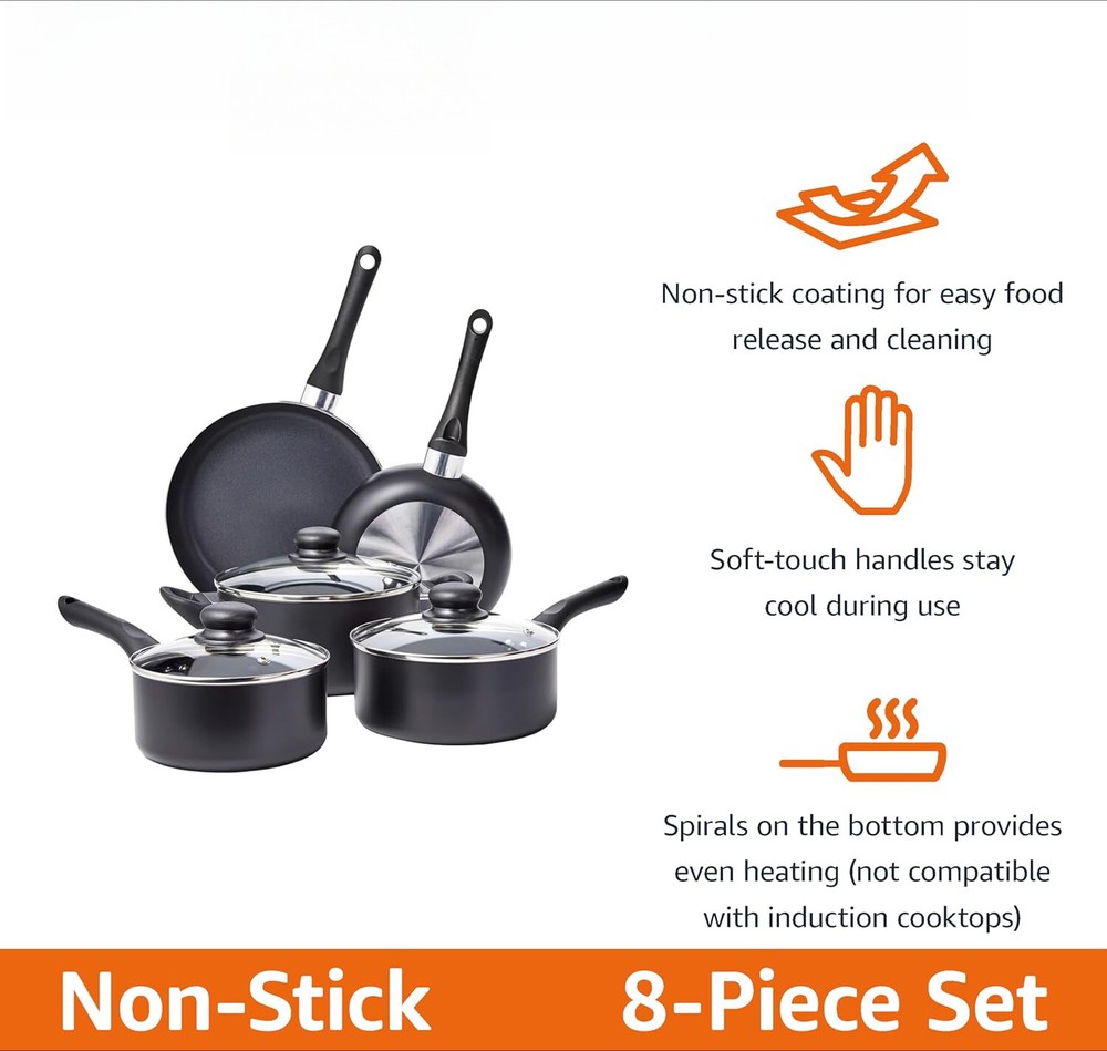 Nonstick Cookware 8-Piece Set, Includes Cookware, Black
