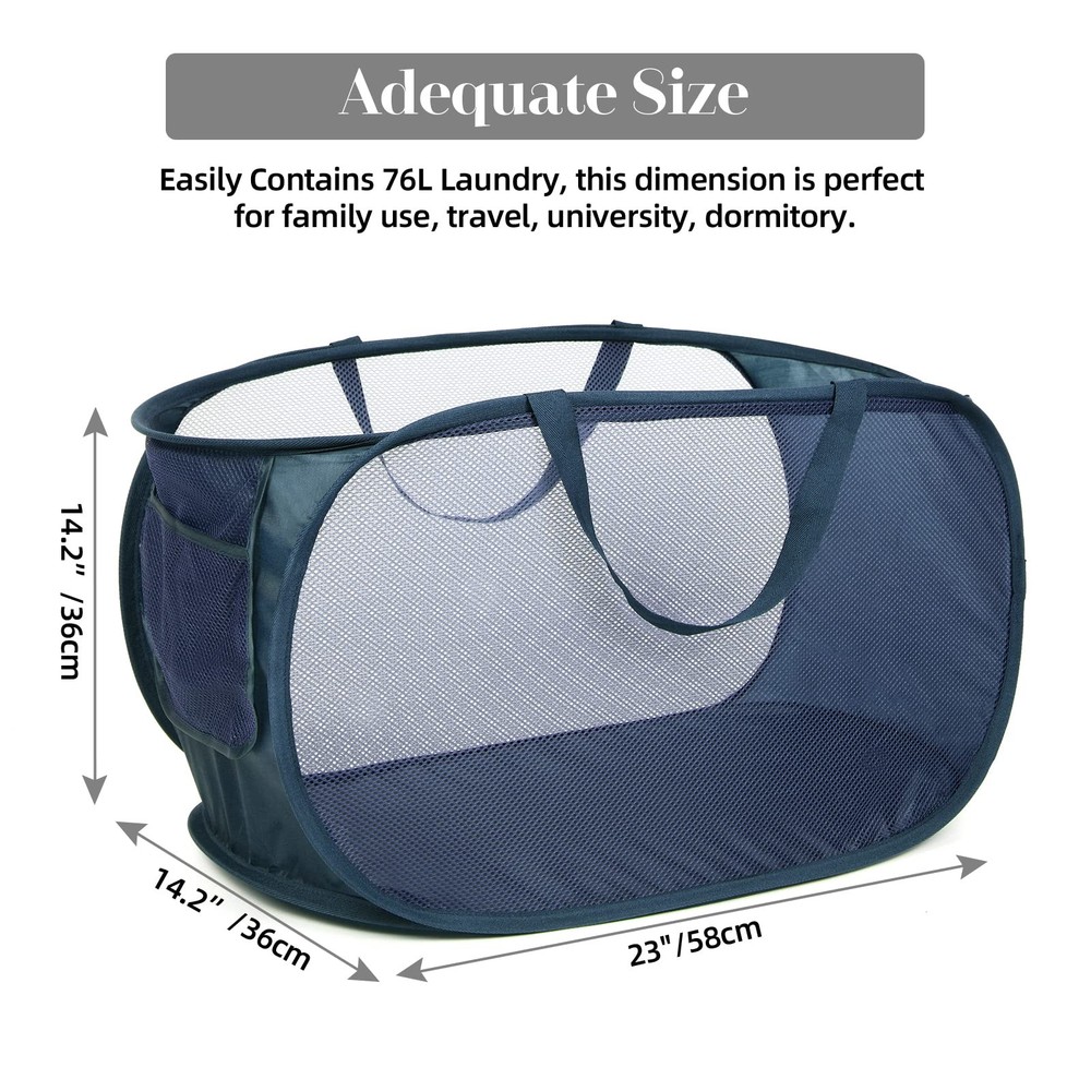 Durable Collapsible Laundry Baskets, Mesh Pop Up Laundry Hamper with Side Poc...