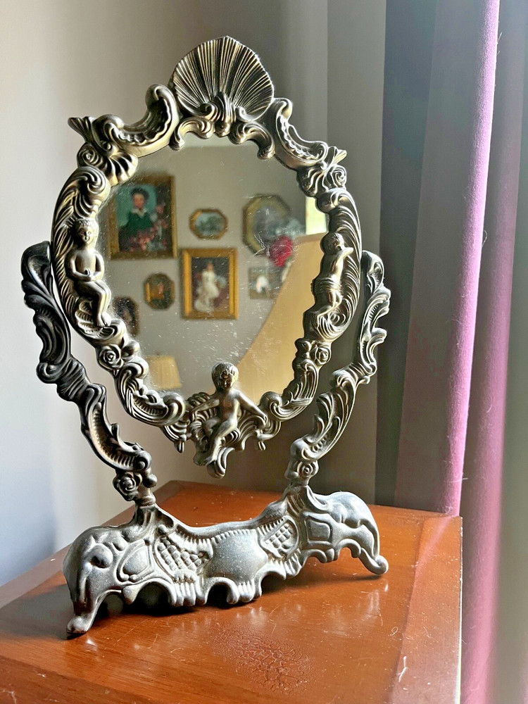Vintage Mirror Silver Plated Swing Adjustable Vanity Cherubs & Clam Shell