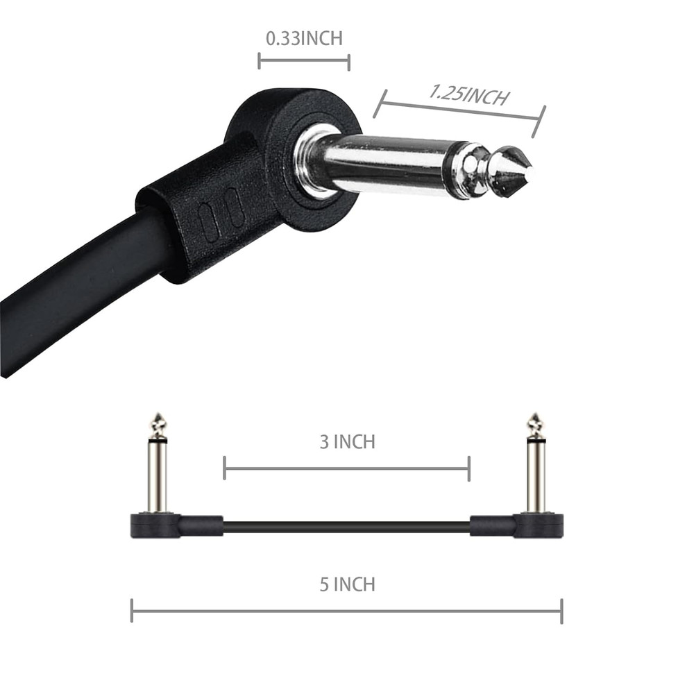 3 Inch Guitar Patch Cables 6 Pack, 1/4" TS Right Angle Effect Pedal Flat Cables,