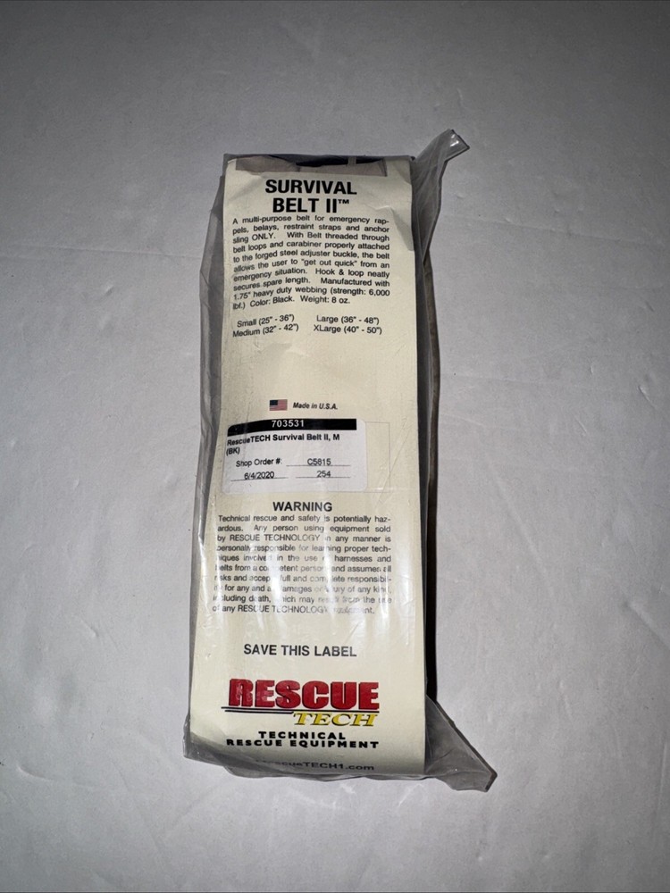 Rescue TECH Survival Belt II, Black, Medium (32"-42")