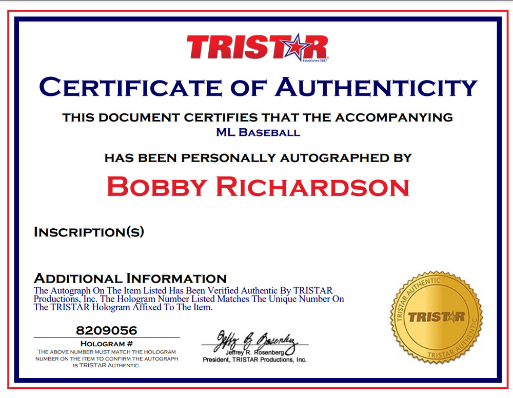 Bobby Richardson Single Signed Tristar OML Autograph Baseball Auto