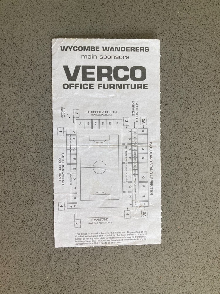 Wycombe Wanderers v Bury 2000-01 Match Ticket