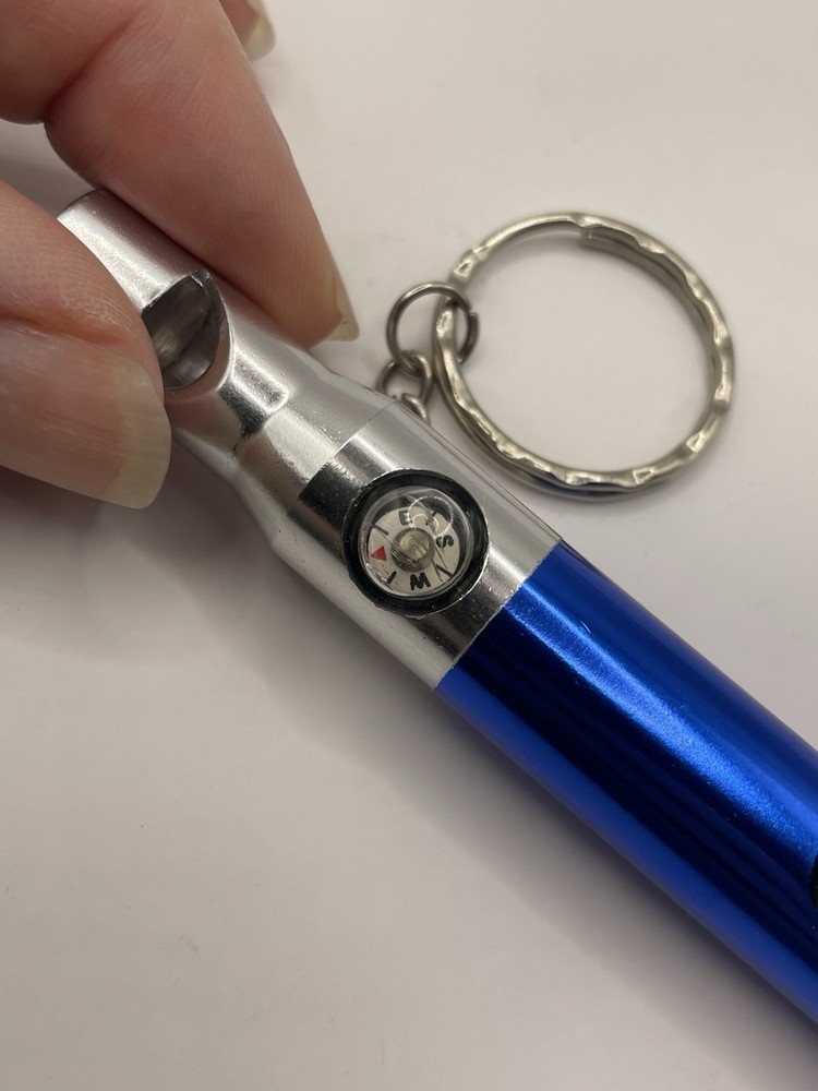 led light/whistle/compass on key ring- Blue/Silver