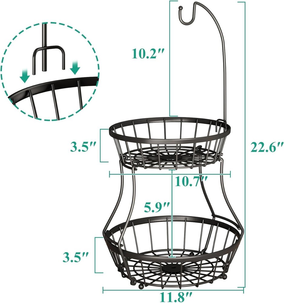 2-Tier Fruit Basket Bowl Stackable Vegetable Storage with Banana Tree Hanger Sta