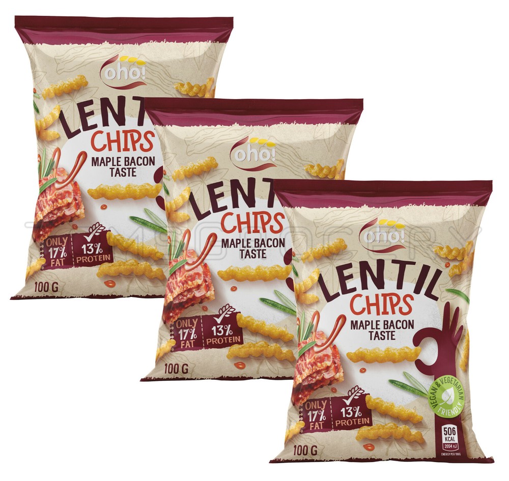 3 OHO LENTIL CHIPS MAPLE BACON Flavor Snacks Vegan Friendly Low Fat 100g 3.5oz