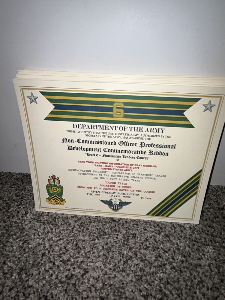 NCO PROFESSIONAL DEVELOPMENT LV-6 COMMEMORATIVE CERTIFICATE ~ W/PRINTING TYPE-1