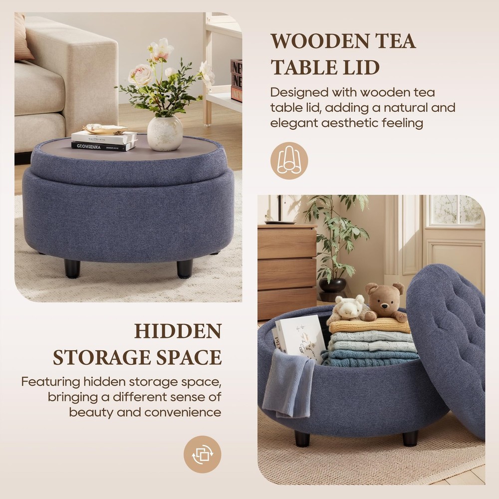 COLAMY Fabric Round Storage Ottoman with Reversible Tray Lid – Multi-Function...