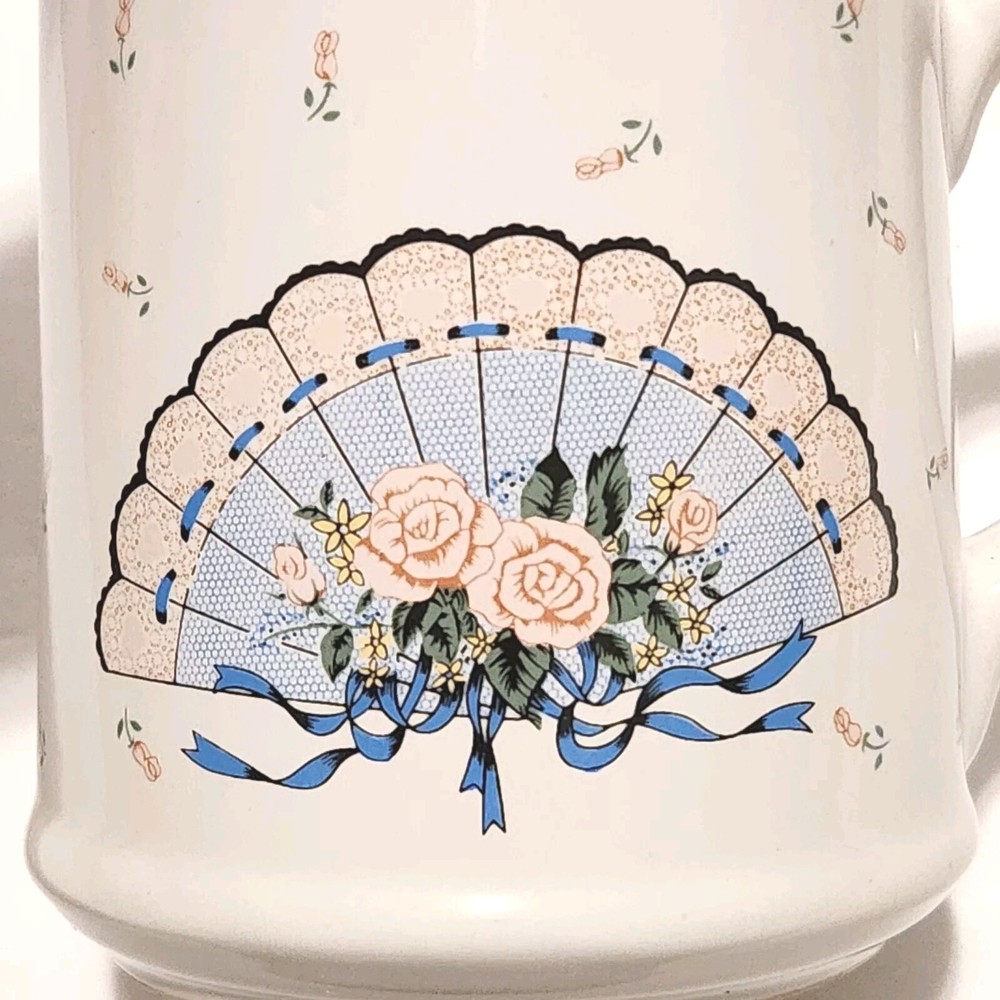 Vintage Ceramic Pitcher Vase Retro Fan Rose Pattern 6"