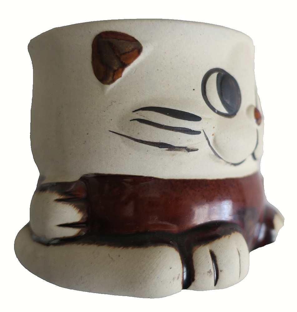 Small Cat Decorative Stoneware Planter 3 3/8" Diameter 3" Height