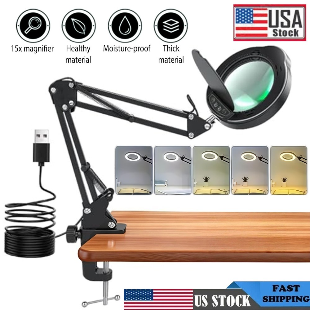 15X Magnifier Lamp with Protective Cover Adjustable LED Light for Precision Work