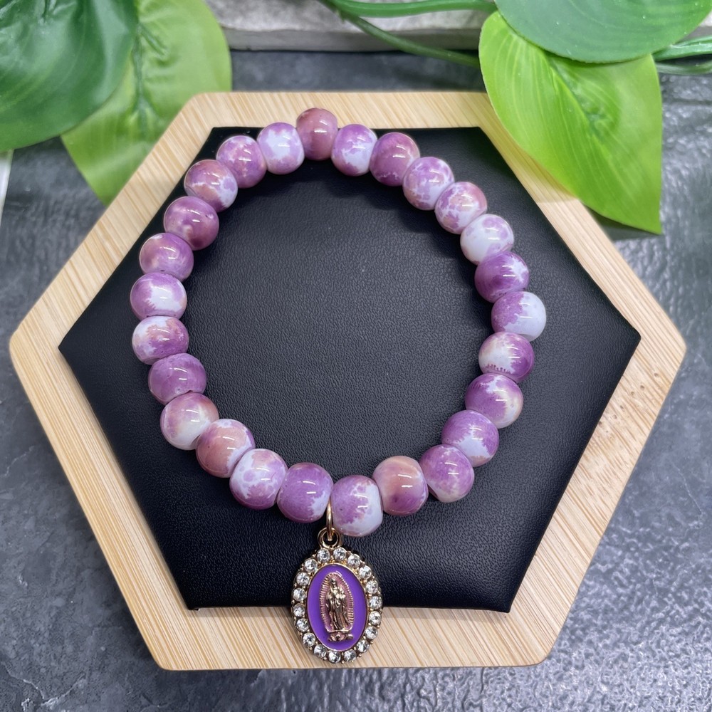 Handmade Stone Bead Stackable 6.5” Plus Stretch Bracelet Mary Medallion B8109