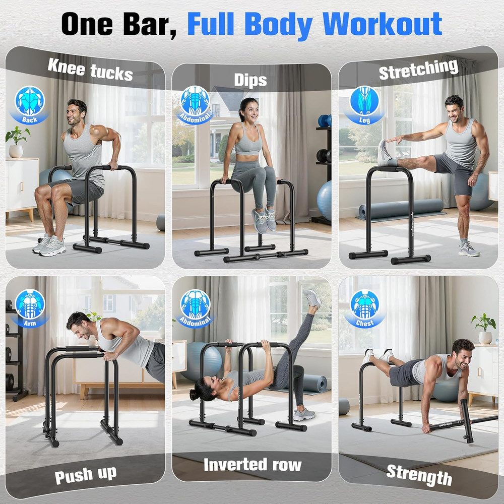 Adjustable Dip Bar Station, Heavy Duty Parallette & Parallel Bars, 400LBS Stable