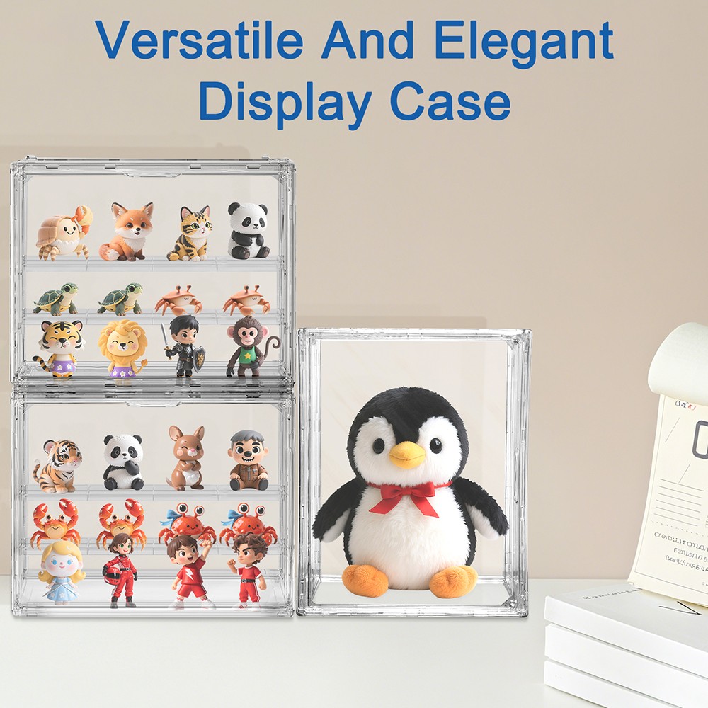 Clear Acrylic 3 Tier Figure Display Case with 2 Movable Plates Stackable Show