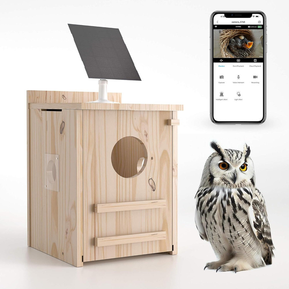 Solar-Powered Smart Owl House with Camera - Outdoor Hanging Wooden Nesting Box,