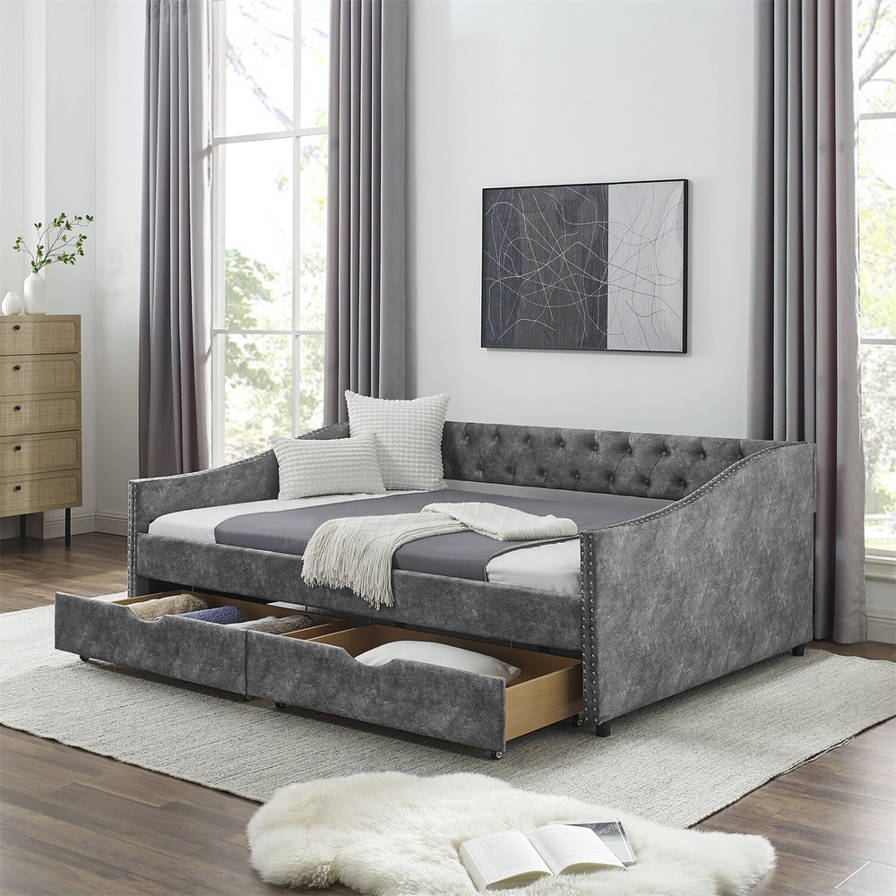 Full Size Daybed Upholstered Bed Frame Sofa Bed with 2 Storage Drawers US
