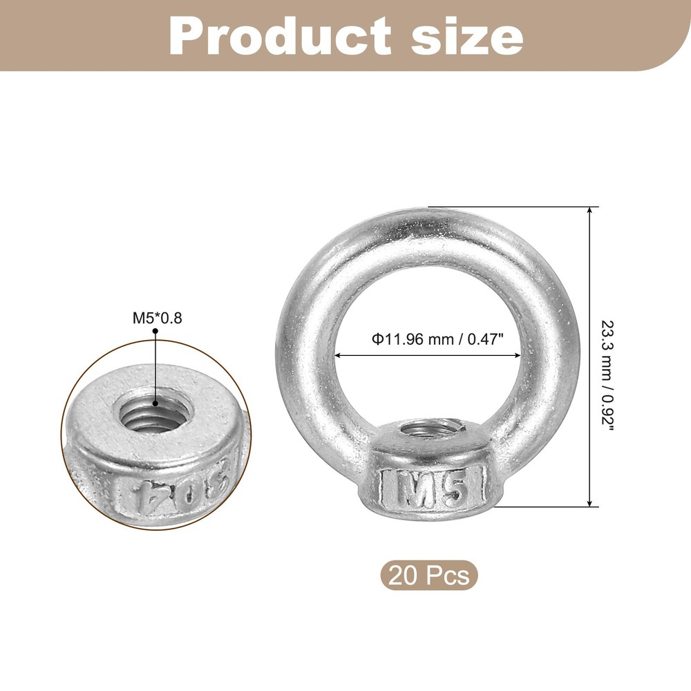 20 Pcs M5 Lifting Eye Nut Stainless Steel Ring Shape Female Thread Nuts Fastener