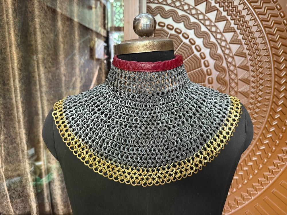 Mild Steel Chainmail Neck Protector – 8mm Dome Riveted Armor with Brass Edge