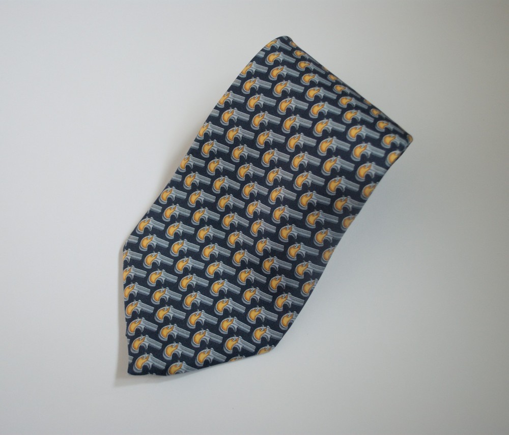 Gucci Navy Silk Tie With Revolver Gun Pattern
