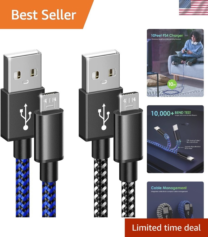 PS4 Controller Charger Charging Cable, 2 Pack 10ft Extra Long Micro USB 2.0 C...