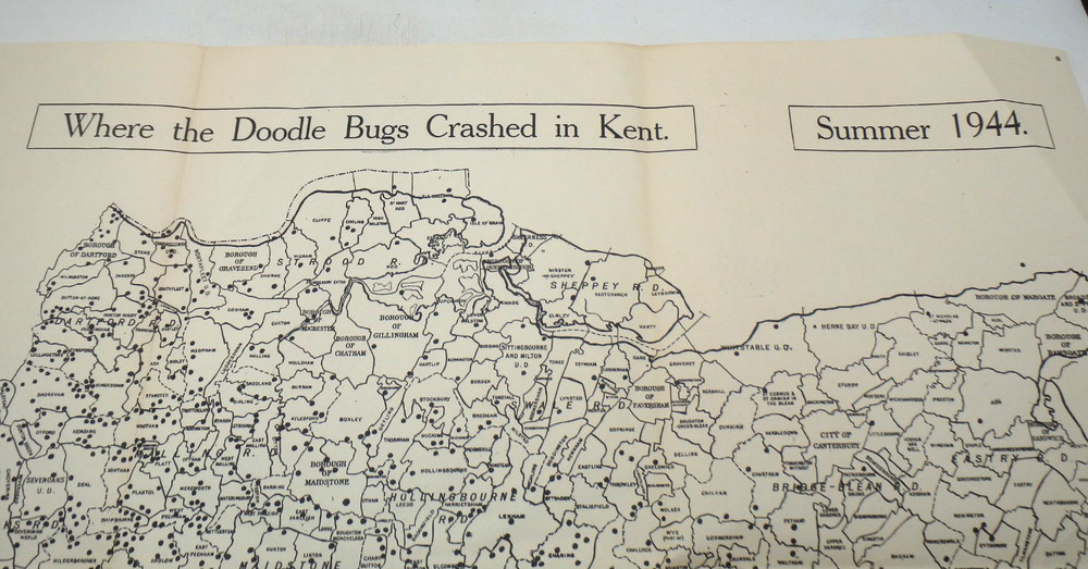 WWII British Where The Doodle Bugs Crashed in Kent Map