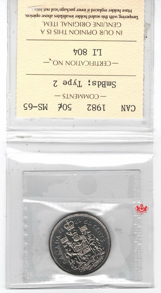 1982 Canada 50 Cents Small Beads Type 2 - ICCS MS65 - LI 804