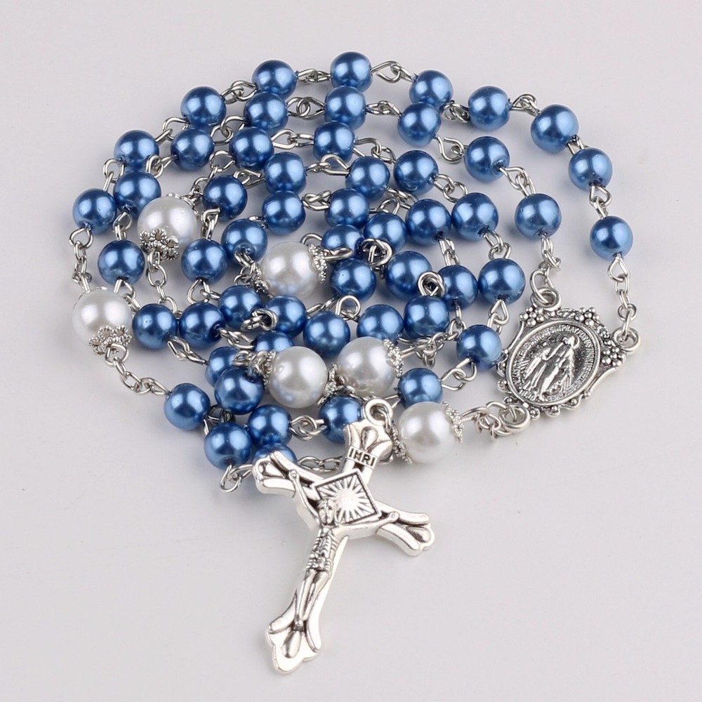 CT Rosary with 6mm Glass Pearl & 8mm Our Father Beads, Miraculous Metal Gift Box
