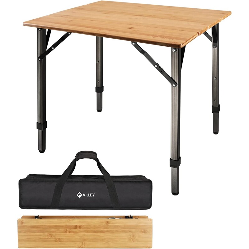 VILLEY Heavy Duty Bamboo Folding Camping Table Portable Table Load 176 lbs Table