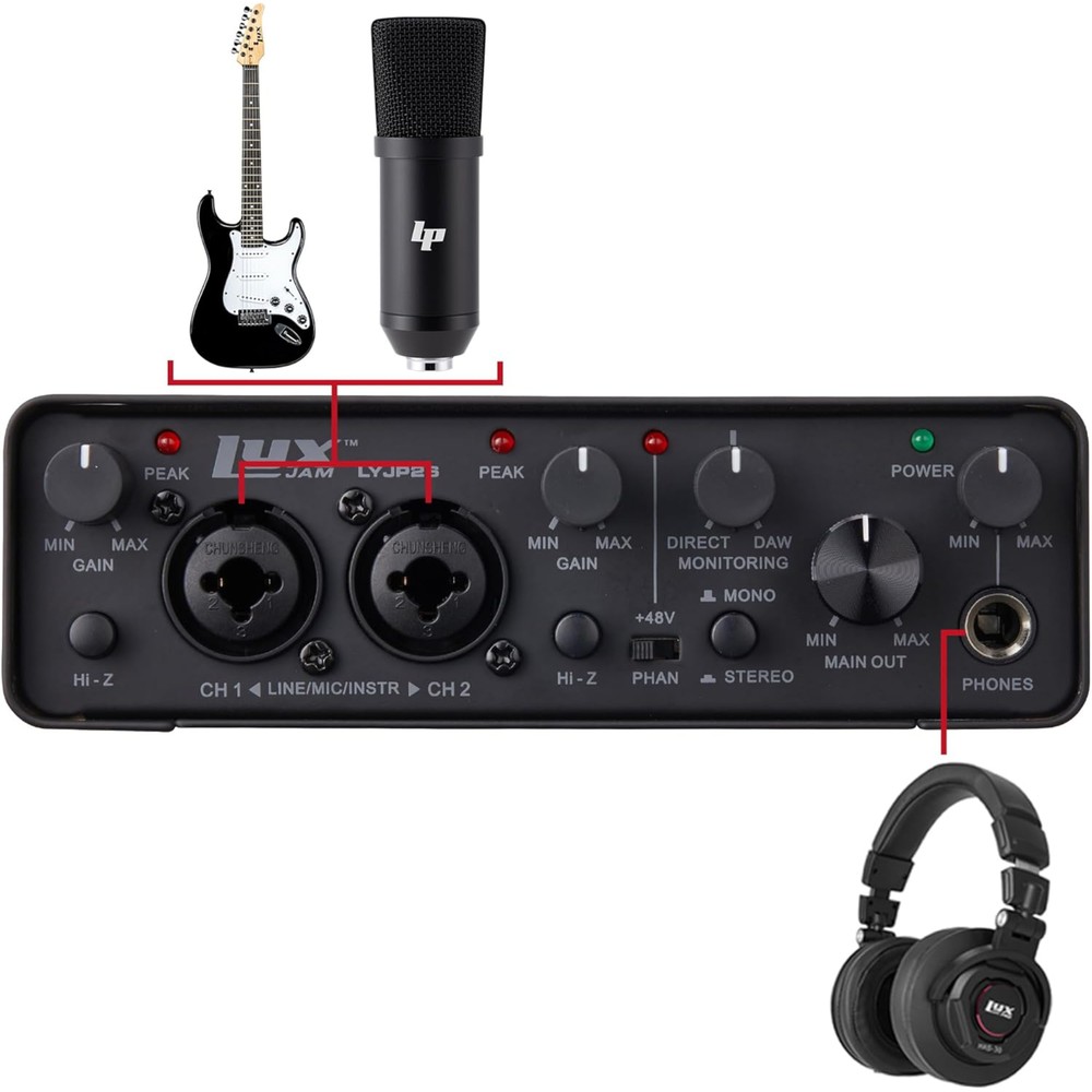 LyxJam 2x2 Recording USB Audio Interface W/ ASIO Driver & Studio Software Bundle