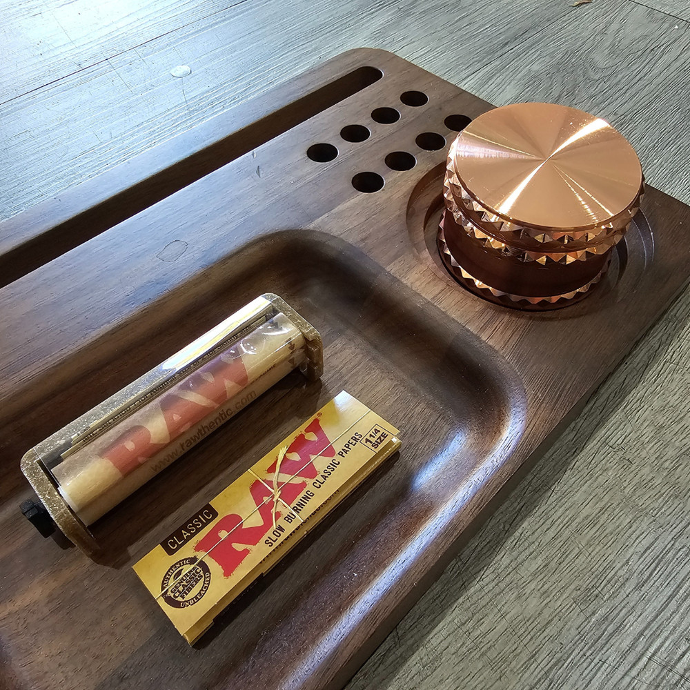 Premium Walnut Rolling Tray Kit – Grinder, Roller & Papers Combo