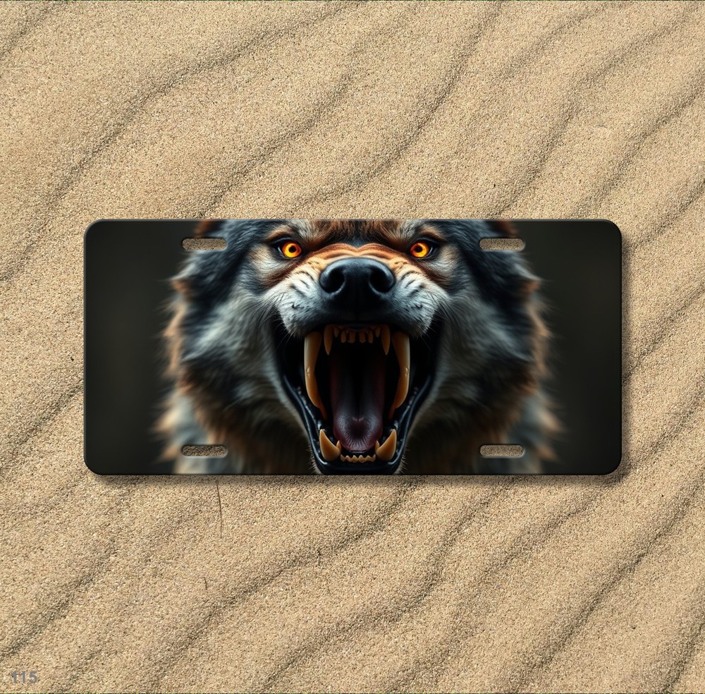 Aggressive Wolf License Plate Snarling Design Customizable Front Plate Anniversa