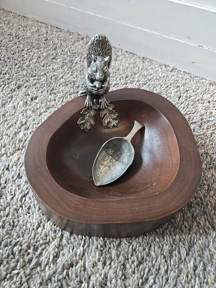 Silver Standing Squirrel Nut Bowl And Acorn Scoop