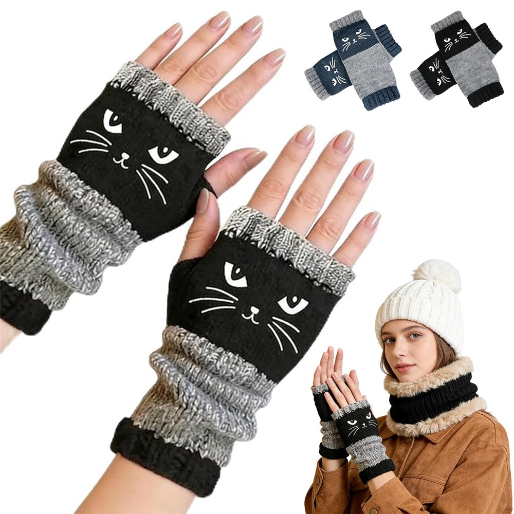 Easybos Cozy Cat Fingerless Gloves for Women – Warm Knitted with Black