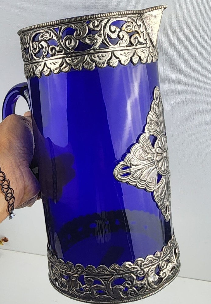 Cobalt Blue Pitcher with Silver Toned Filigree