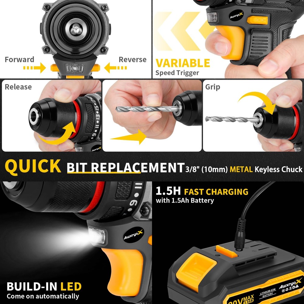 Brushless Compact Drill Tool Set, 60N.m 20V Cordless Drill Tool Box with 2 Ba...