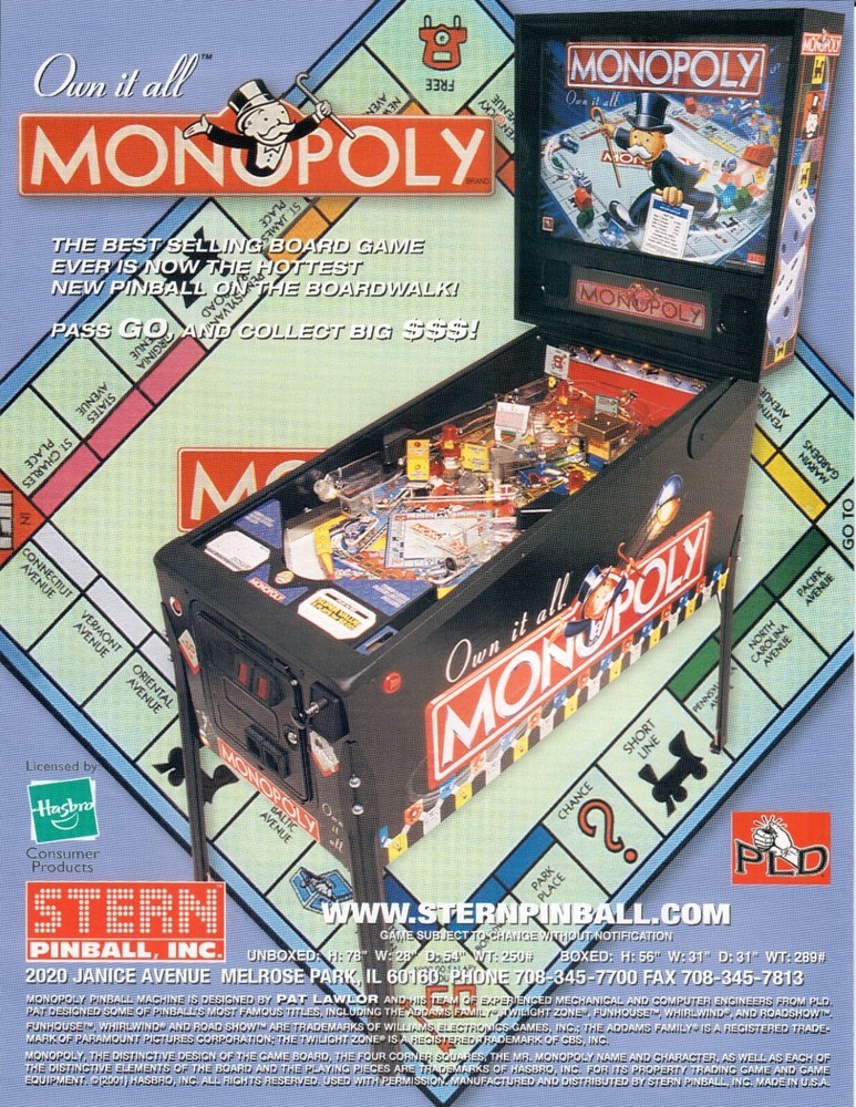 Monopoly Stern Pinball Flyer NOS 2001