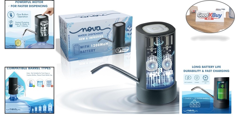 GetSetNova Water Pump for 5 Gallon Jug - Portable USB Dispenser - Black - Saf...