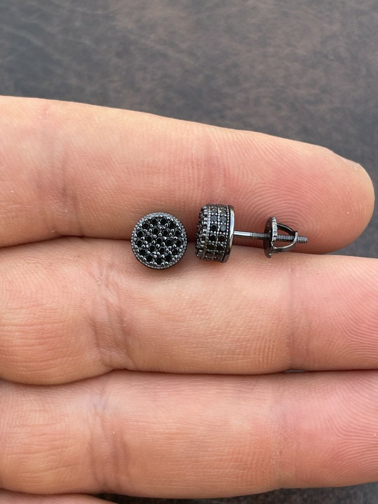 Real Solid 925 Sterling Silver Round Cluster Earrings Black CZ Studs Iced