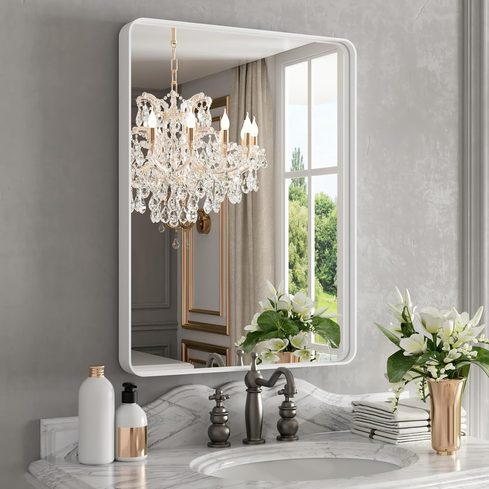 Matte White Rectangular Bathroom Mirror 22x30 Inch, Anti-Rust Frame