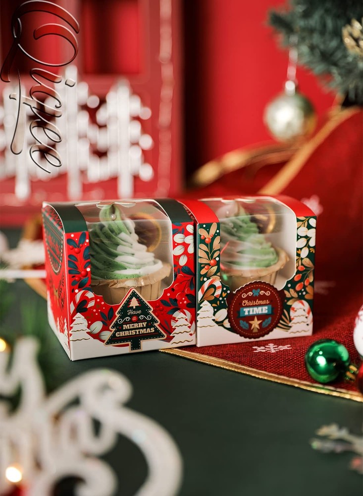 Christmas Cupcake Boxes 60 PCS Auto-Popup Single Container Window 3.5 Inch