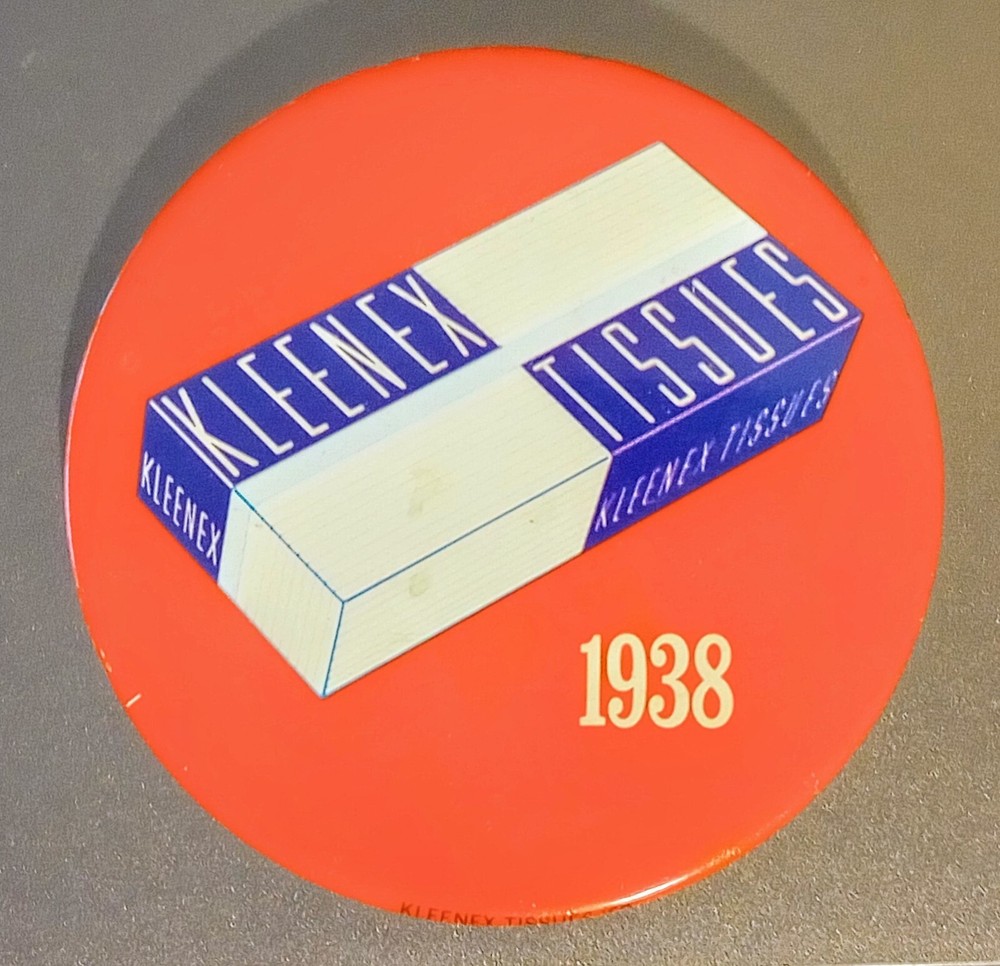 Vintage 1968 Kleenex Tissues Pinback Button - Showing 1938 Box - Diameter 3“