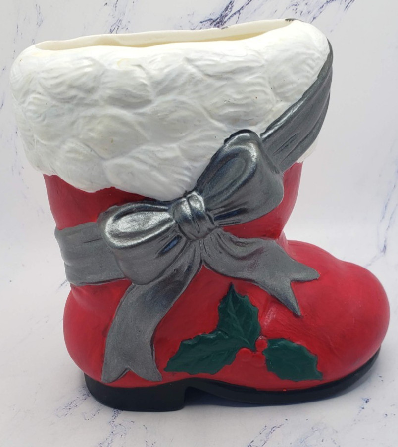 Santa's Red Boot With Silver Bow Ceramic Earthenware Christmas Holiday Planter