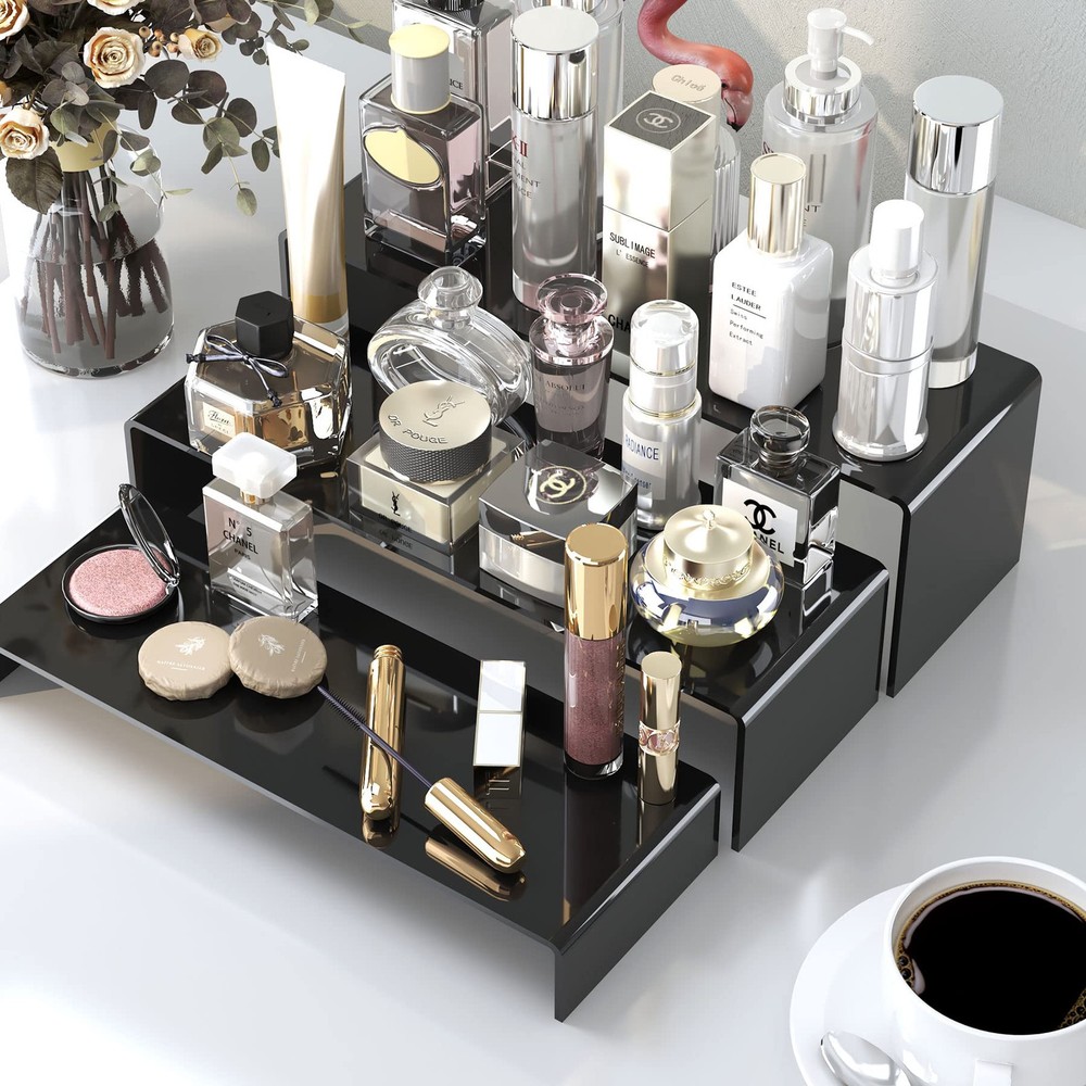 6Pcs Large Acrylic Risers, Black Rectangular Showcase Collectibles Display Sh...