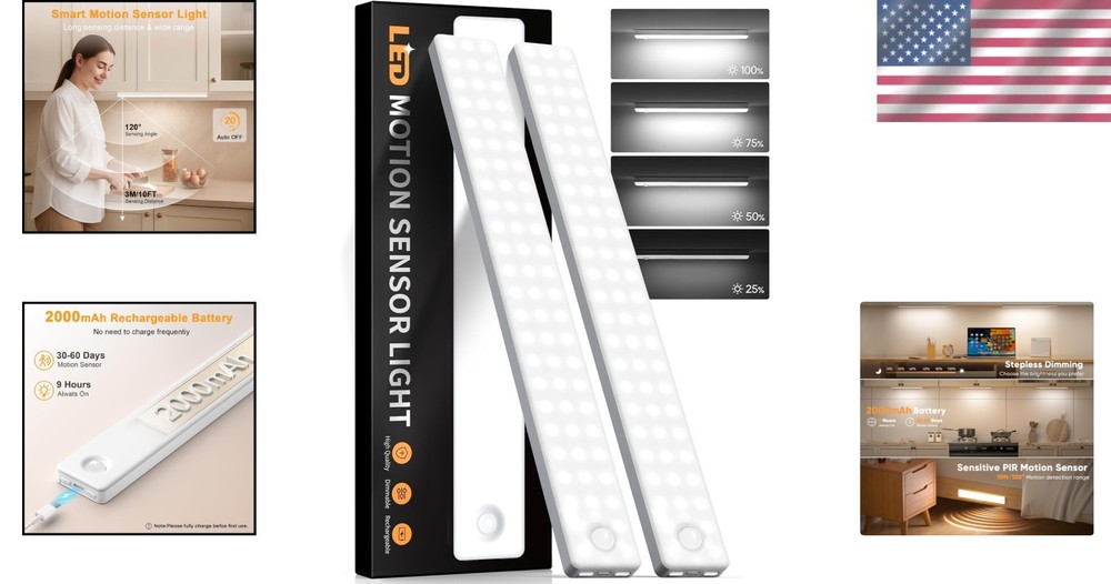 Smart Motion Sensor Under Cabinet Lighting - 2-Pack Rechargeable & Dimmable