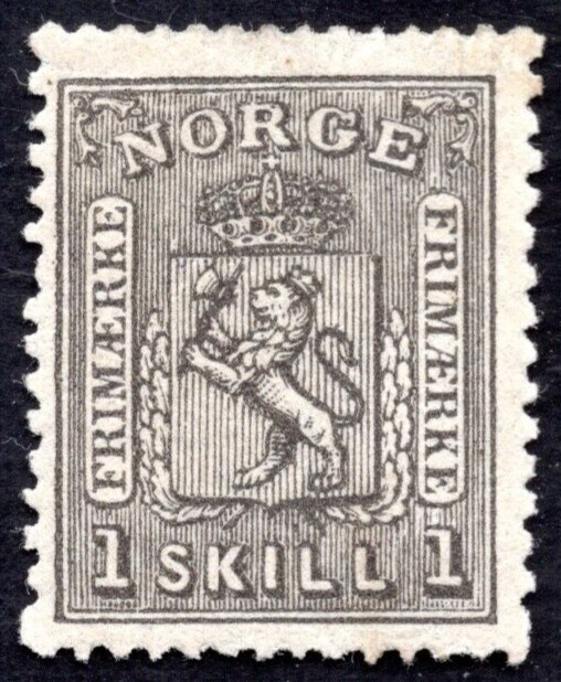 NORWAY 1868 ONE SKILL DARK GREY SC. #11a MINT, LIGHTLY HINGED