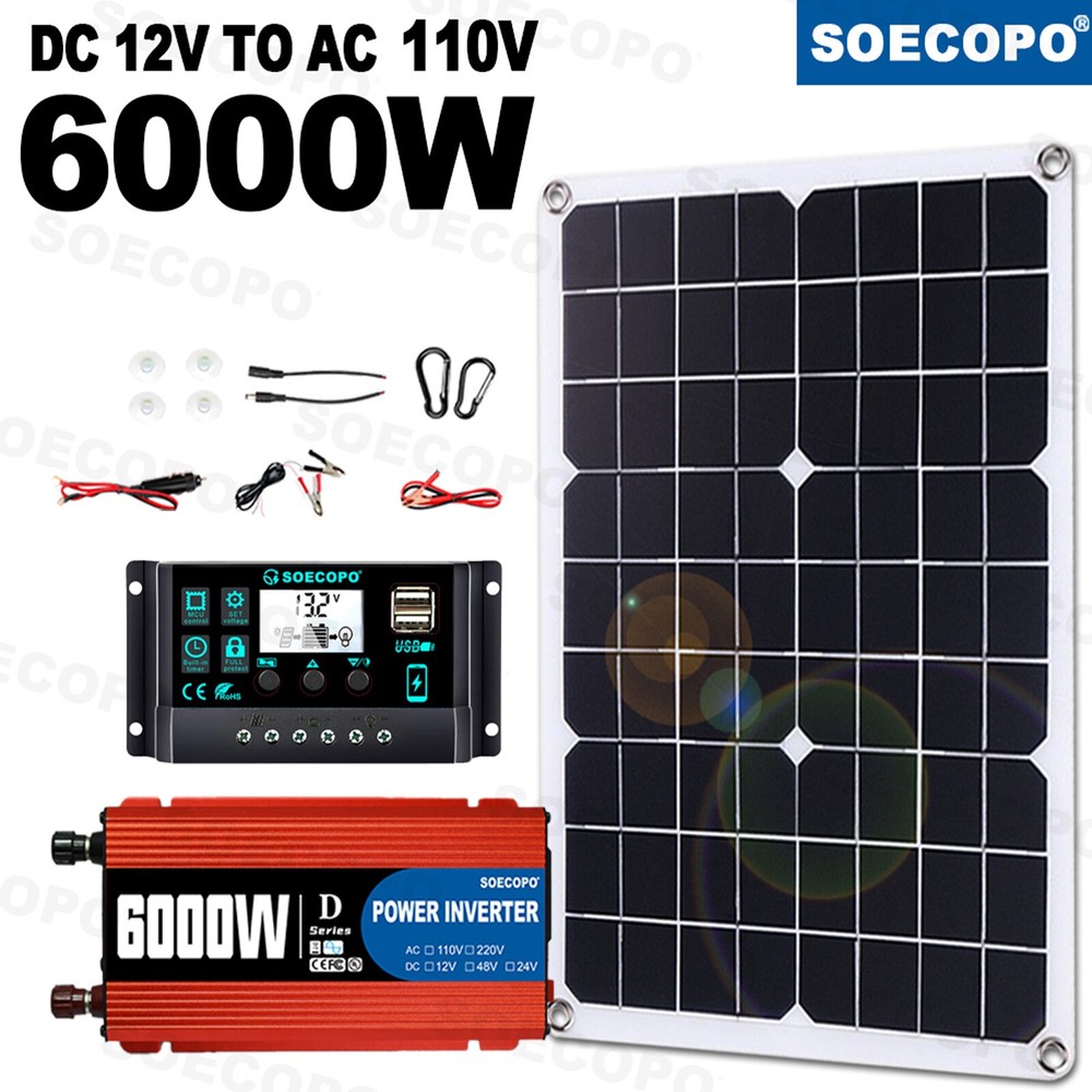 6000W Complete Solar Panel Kit Solar Power Generator 100A Home 110V Grid System