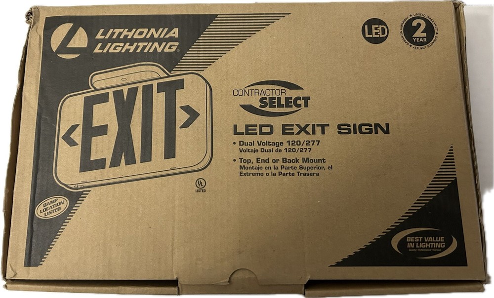 Lithonia Lighting LED Emergency Exit Sign. Dual Voltage 120/277, Top, End, Back
